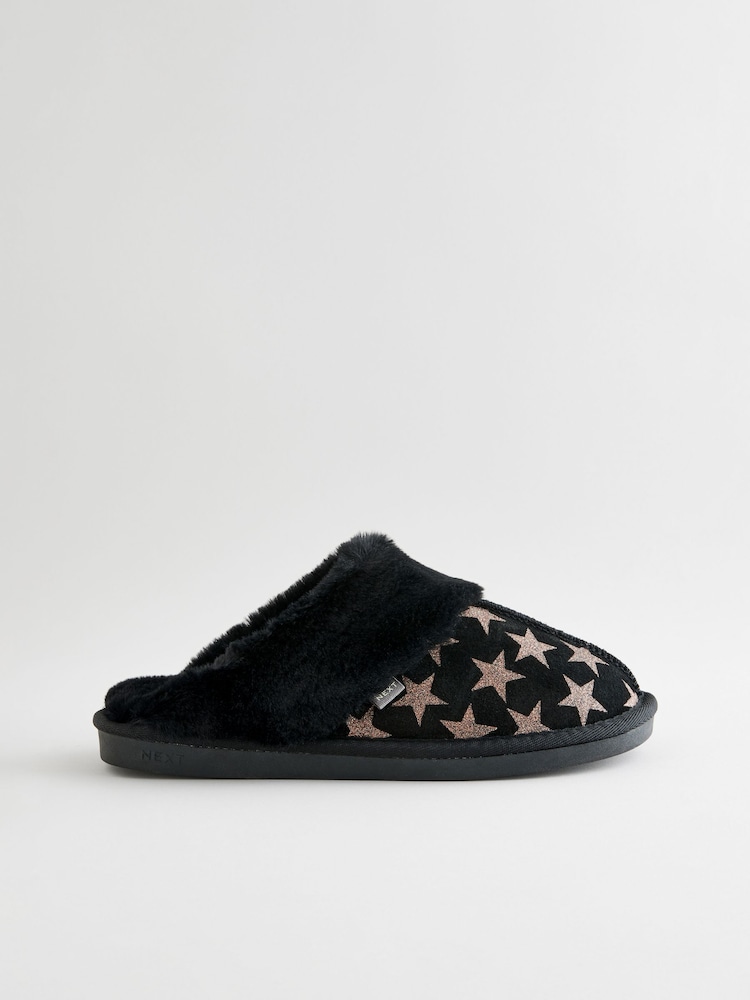 Schwarz/Gold/Sterne - Pantoffeln aus Veloursleder mit Futter aus Fellimitat - Bild 2 von 6 Schwarz/Gold/Sterne - Pantoffeln aus Veloursleder mit Futter aus Fellimitat - Bild 2 von 6