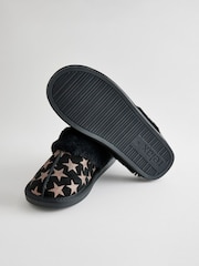Black/Gold Stars Suede Faux Fur Lined Mule Slippers - Image 3 of 6