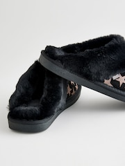 Black/Gold Stars Suede Faux Fur Lined Mule Slippers - Image 4 of 6