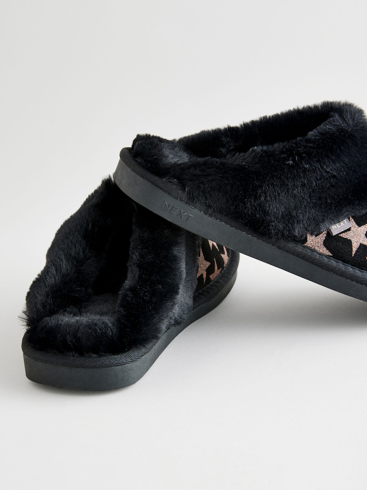 Faux Fur Pavers Ladies Mule Slippers Buy Black/Gold Stars Suede