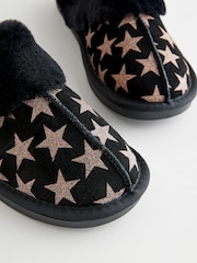 Black/Gold Stars Suede Faux Fur Lined Mule Slippers - Image 5 of 6