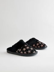 Black/Gold Stars Suede Faux Fur Lined Mule Slippers - Image 6 of 6