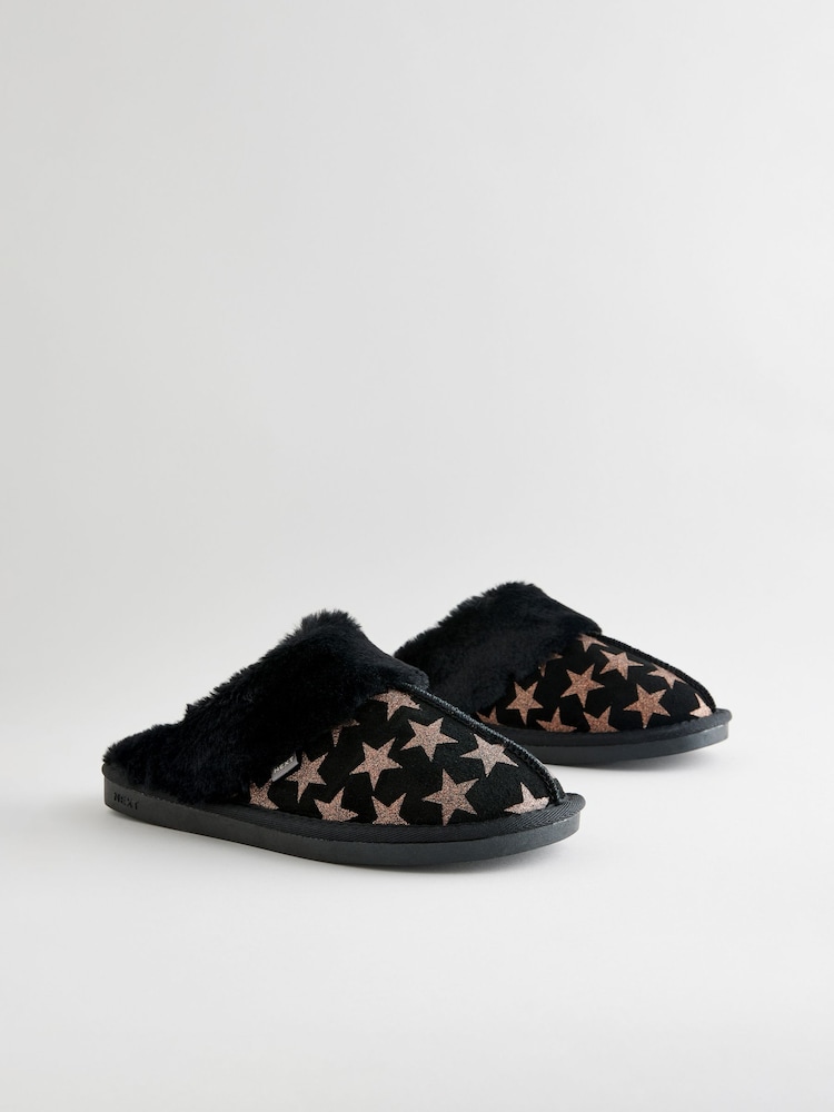 Black/Gold Stars Suede Faux Fur Lined Mule Slippers - Image 6 of 6