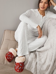 Red Mistletoe Suede Faux Fur Lined Mule Slippers - Image 1 of 4