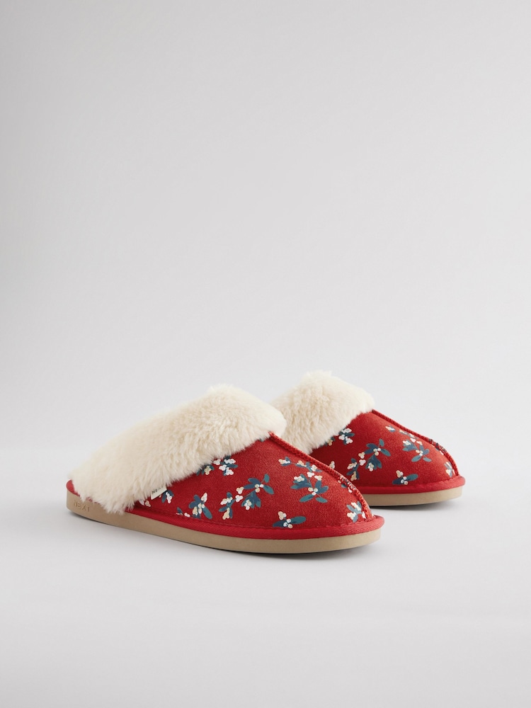 Red Mistletoe Suede Faux Fur Lined Mule Slippers - Image 2 of 4
