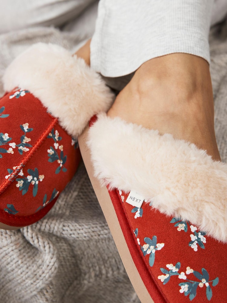 Red Mistletoe Suede Faux Fur Lined Mule Slippers - Image 4 of 4