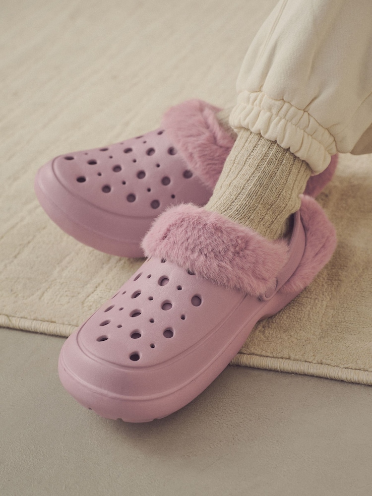 Pink Womens Faux Fur Lined Clogs Slippers - Image 1 of 8