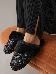 Black Sequin Faux Fur Mule Slippers - Image 1 of 9
