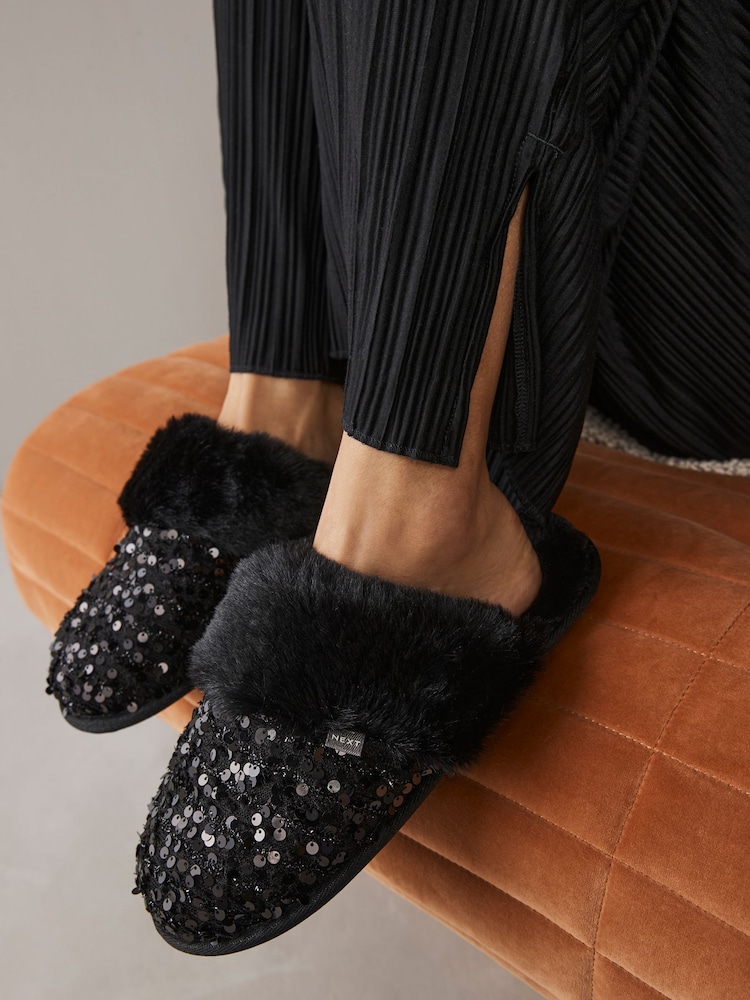 Black Sequin Faux Fur Mule Slippers - Image 1 of 9
