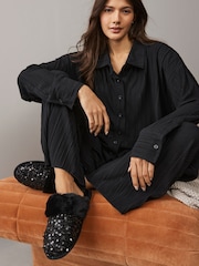 Black Sequin Faux Fur Mule Slippers - Image 2 of 9