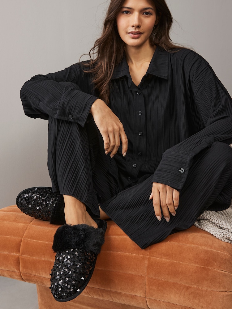 Black Sequin Faux Fur Mule Slippers - Image 2 of 9