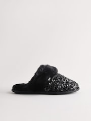 Black Sequin Faux Fur Mule Slippers - Image 5 of 9