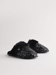 Black Sequin Faux Fur Mule Slippers - Image 6 of 9