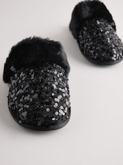Black Sequin Faux Fur Mule Slippers - Image 7 of 9