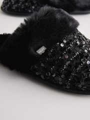 Black Sequin Faux Fur Mule Slippers - Image 9 of 9