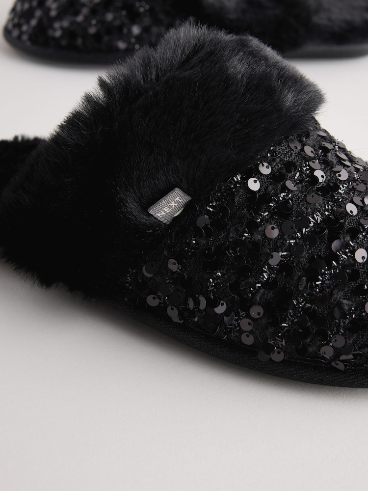 Black Sequin Faux Fur Mule Slippers - Image 9 of 9