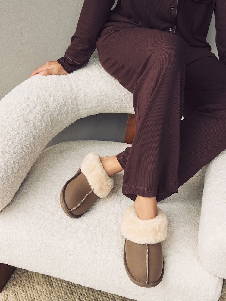 Brown/Khaki Leather Faux Fur Mule Slippers - Image 1 of 6