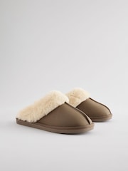 Brown/Khaki Leather Faux Fur Mule Slippers - Image 2 of 6