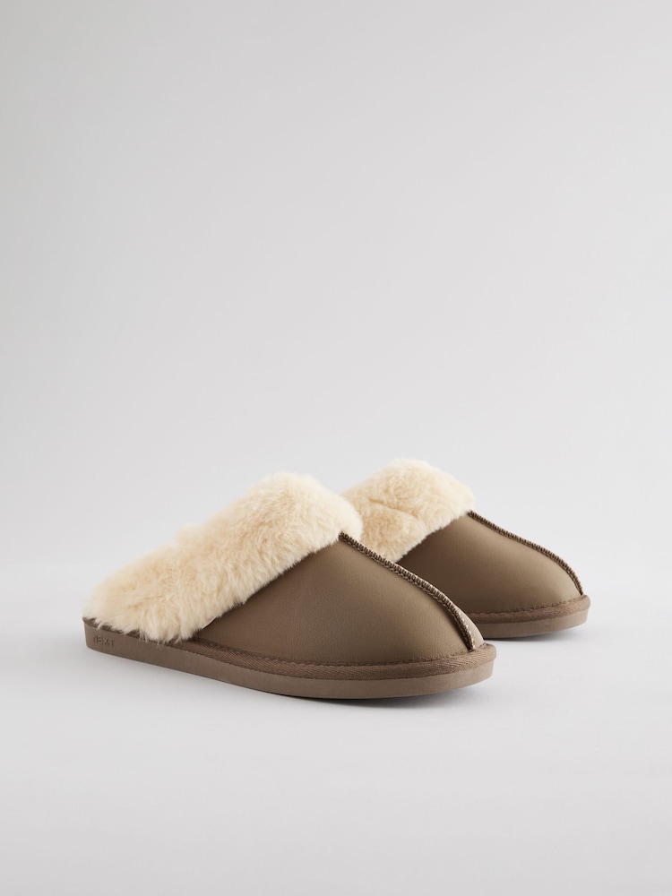 Brown/Khaki Leather Faux Fur Mule Slippers - Image 2 of 6