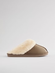 Brown/Khaki Leather Faux Fur Mule Slippers - Image 3 of 6