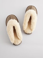 Brown/Khaki Leather Faux Fur Mule Slippers - Image 4 of 6