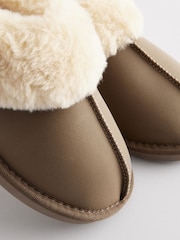 Brown/Khaki Leather Faux Fur Mule Slippers - Image 5 of 6