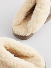 Brown/Khaki Leather Faux Fur Mule Slippers - Image 6 of 6