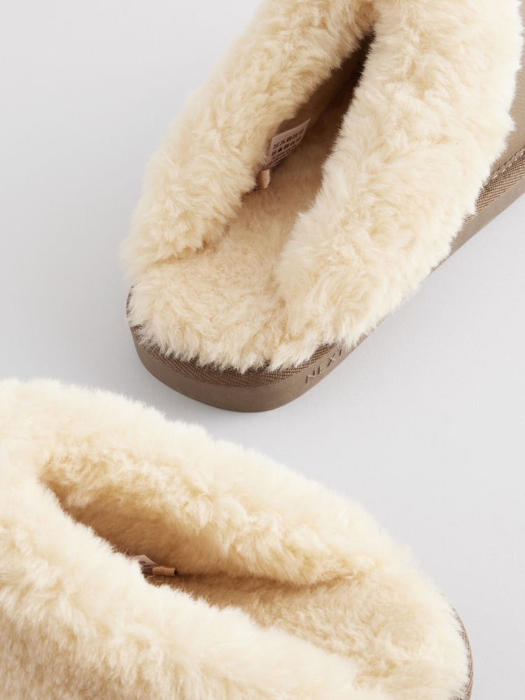 Brown/Khaki Leather Faux Fur Mule Slippers - Image 6 of 6