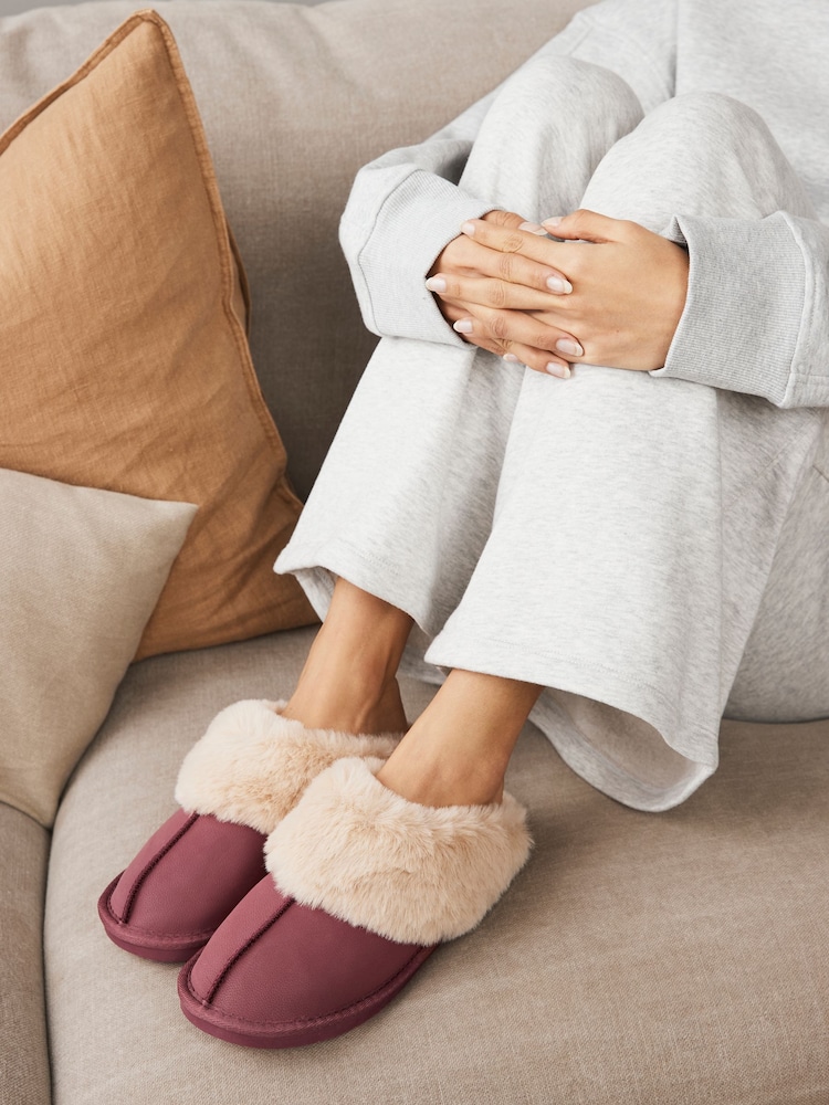 Rose Pink Leather Faux Fur Mule Slippers - Image 1 of 8