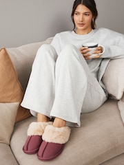 Rose Pink Leather Faux Fur Mule Slippers - Image 2 of 8