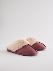Rose Pink Leather Faux Fur Mule Slippers - Image 5 of 8