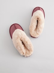 Rose Pink Leather Faux Fur Mule Slippers - Image 6 of 8