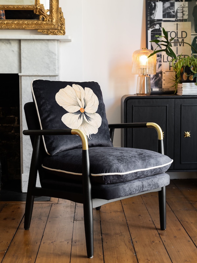 Rockett St George Black Floral Velvet Signature Accent Chair - Image 1 of 8 Rockett St George Black Floral Velvet Signature Accent Chair - Image 1 of 8