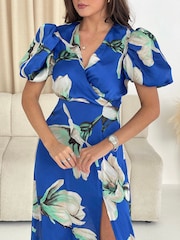 Girl In Mind Blue Dahlia Puff Sleeve Midi Dress in Blue Floral - Image 4 of 4