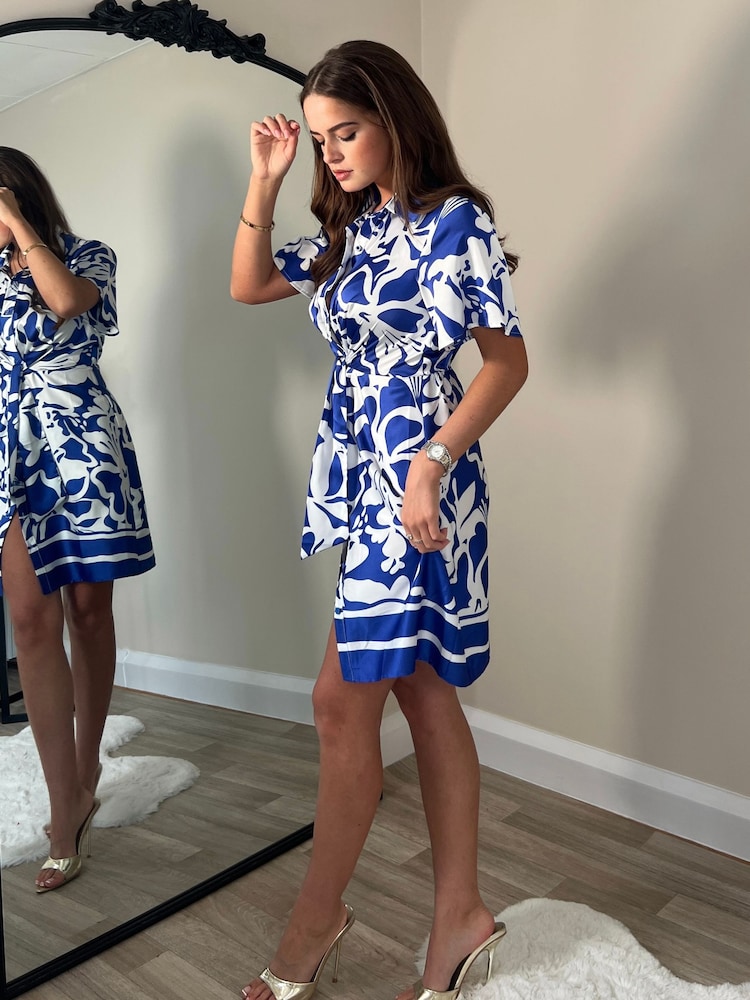 Girl In Mind Blue Verity Cobalt Boarder Print Tie Detail Mini Shirt Dress - Image 2 of 4