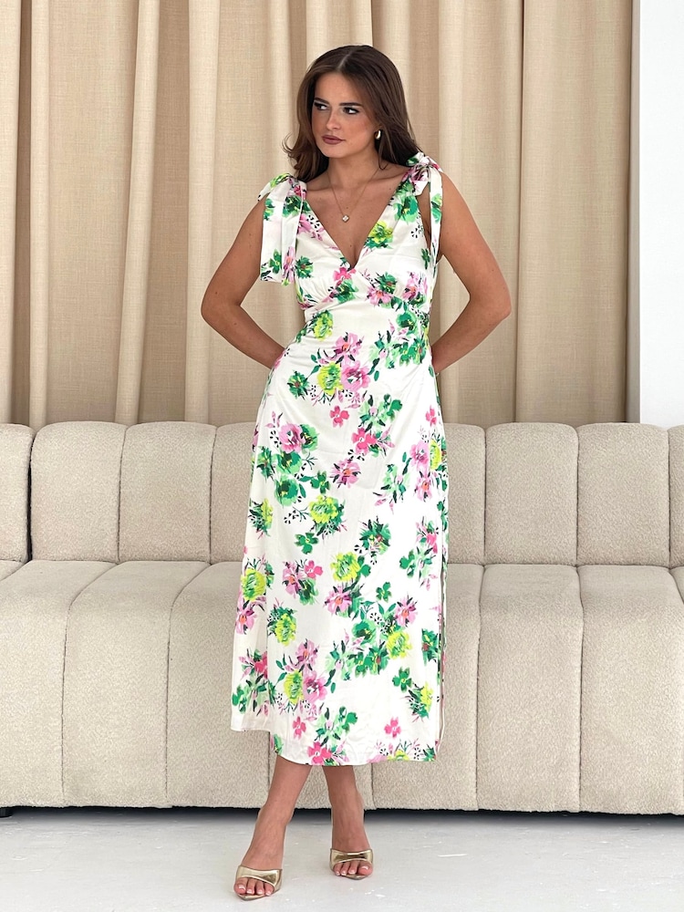 Girl In Mind White Floral Beverly  Ditsy Tie Shoulder Midi Dress - Image 1 of 5