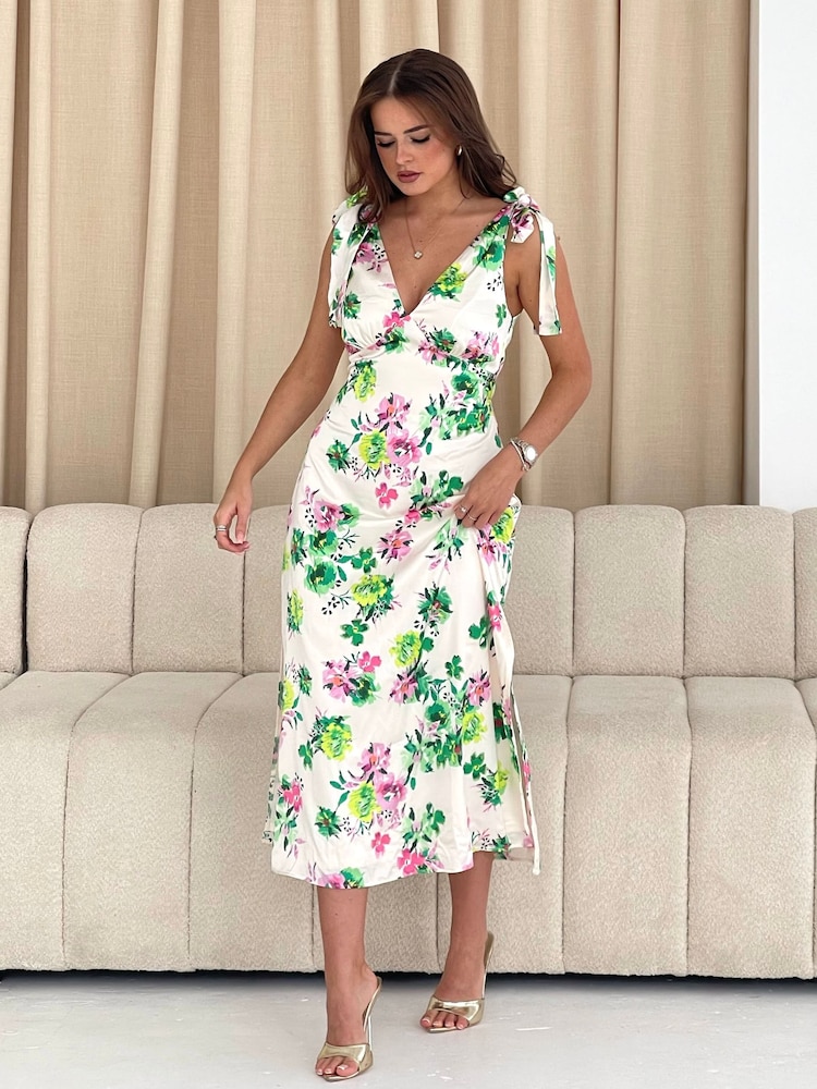 Girl In Mind White Floral Beverly Ditsy Tie Shoulder Midi Dress - Image 2 of 5 Girl In Mind White Floral Beverly Ditsy Tie Shoulder Midi Dress - Image 2 of 5