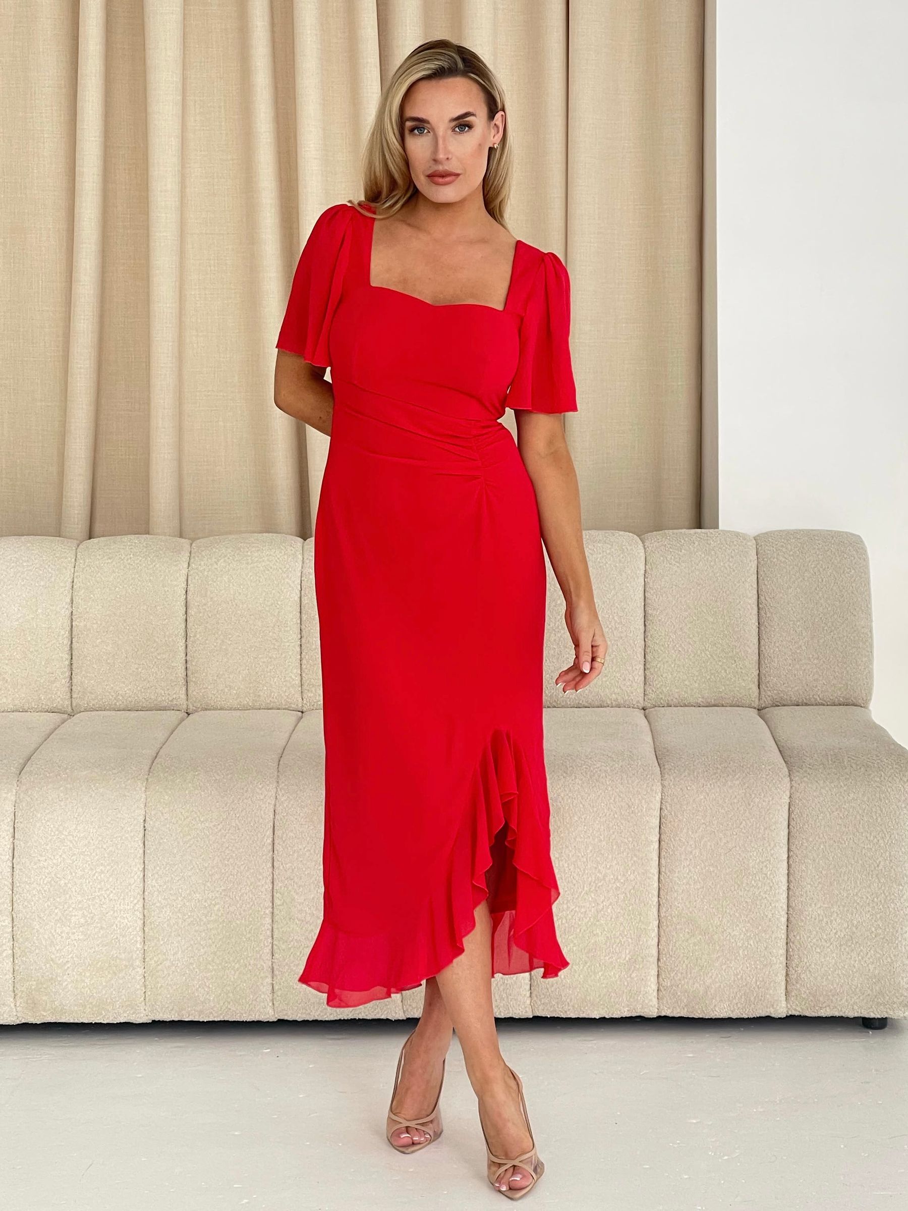 Red ruched midi dress clearance