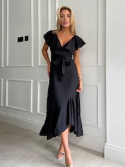 Girl In Mind Black Daphne Black Wrap Frill Detailed Midi Dress - Image 1 of 4