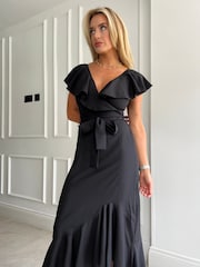 Girl In Mind Black Daphne Black Wrap Frill Detailed Midi Dress - Image 2 of 4