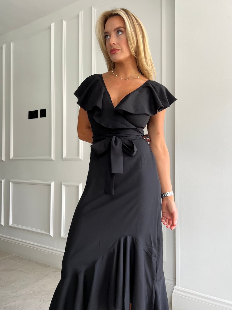 Girl In Mind Black Daphne Black Wrap Frill Detailed Midi Dress - Image 2 of 4