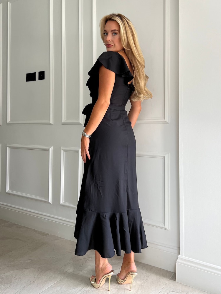 Girl In Mind Black Daphne Black Wrap Frill Detailed Midi Dress - Image 4 of 4