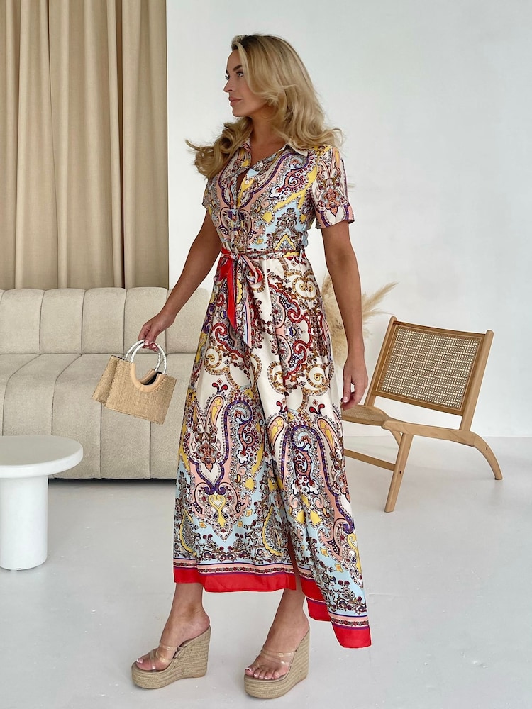 Girl In Mind Red Aurora Maxi Border Print Shirt Dress - Image 2 of 4 Girl In Mind Red Aurora Maxi Border Print Shirt Dress - Image 2 of 4