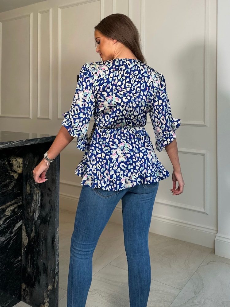 Girl In Mind Blue Rory Frill Detail Wrap Front Animal Top - Image 4 of 4