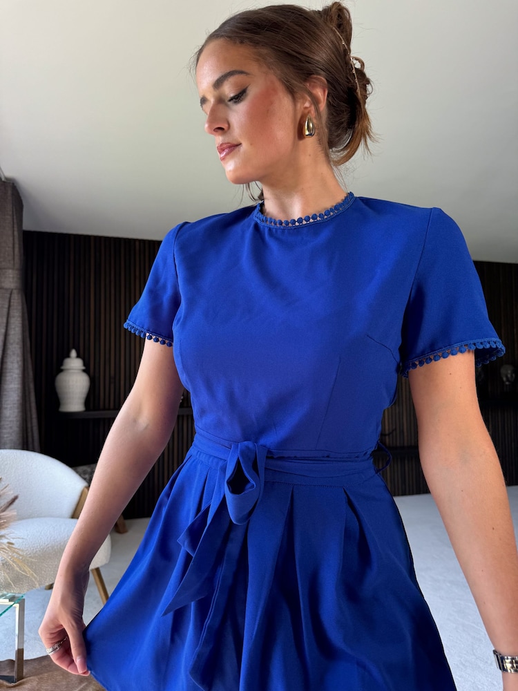 Girl In Mind Blue Leah Crochet Trim Belted Playsuit - Image 4 of 4 Girl In Mind Blue Leah Crochet Trim Belted Playsuit - Image 4 of 4