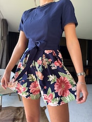 Girl In Mind Blue Multi Floral Leah Crochet Trim Belted Playsuit - Image 4 of 4
