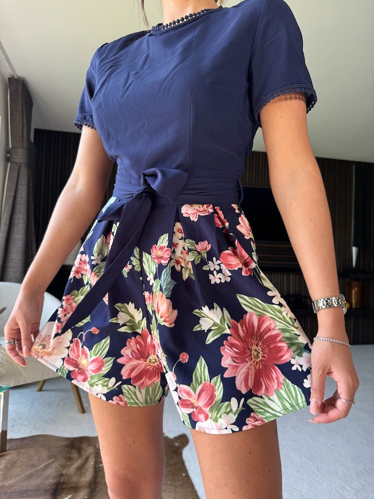 Girl In Mind Blue Multi Floral Leah Crochet Trim Belted Playsuit - Image 4 of 4 Girl In Mind Blue Multi Floral Leah Crochet Trim Belted Playsuit - Image 4 of 4