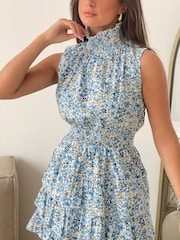 Girl In Mind Blue Esmeralda Shirred Waist Frill Skirt Mini Dress - Image 2 of 4