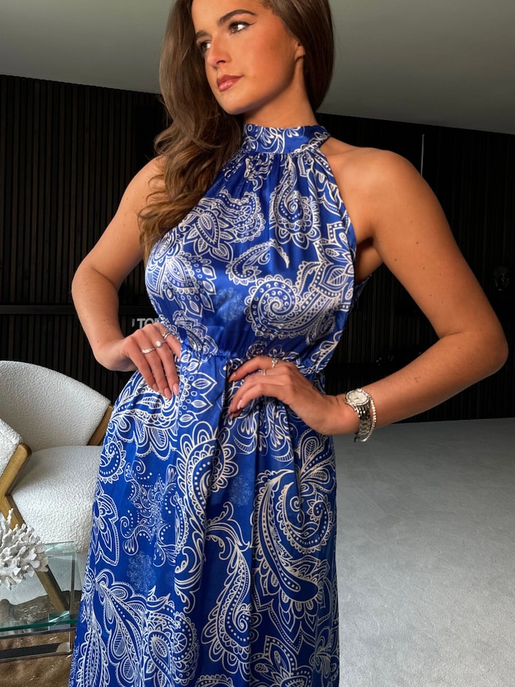 Girl In Mind Blue Paloma Blue Paisley Floral Tie Neck Maxi Dress - Image 4 of 4