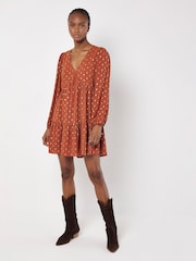 Apricot Red Enchanted Puff Sleeve V-Neck Dress - Image 2 of 4